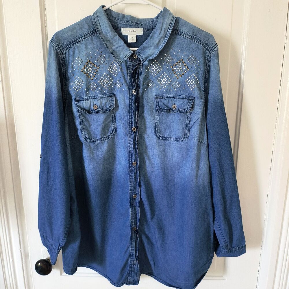 CJ Banks Denim Shirt 2X Blue Tie dye Roll Tab Sleeves Bling Rodeo Festival